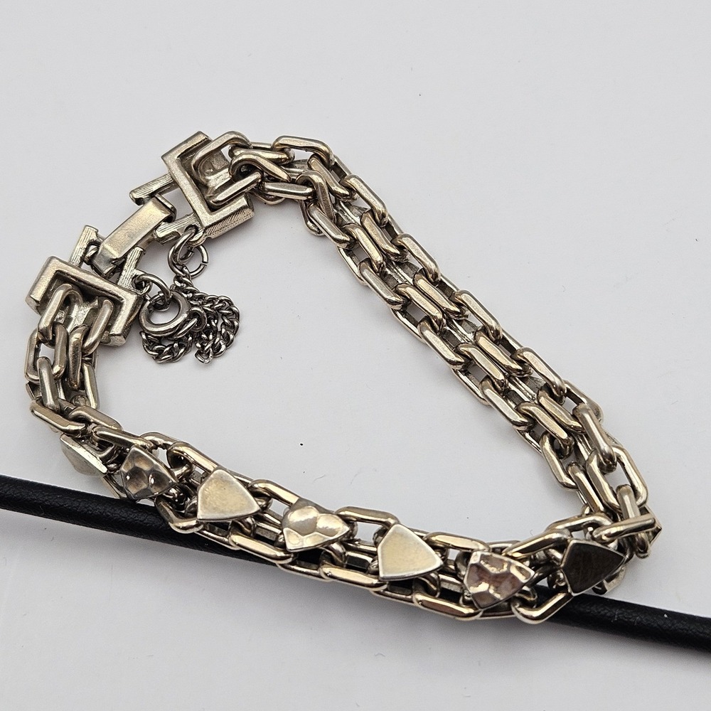 Vintage Gold Tone Multi Strand Link Bracelet Hammered Triangle Shield 7 Inch